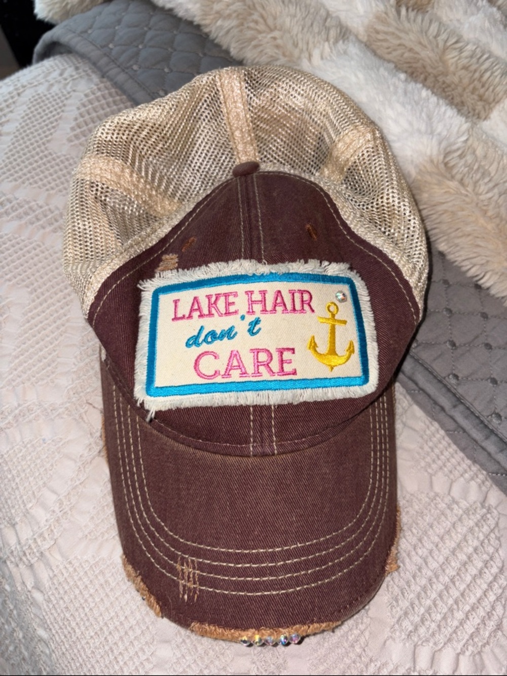 "Lake Hair Don't Care" Brown & Tan Mesh Trucker Hat
